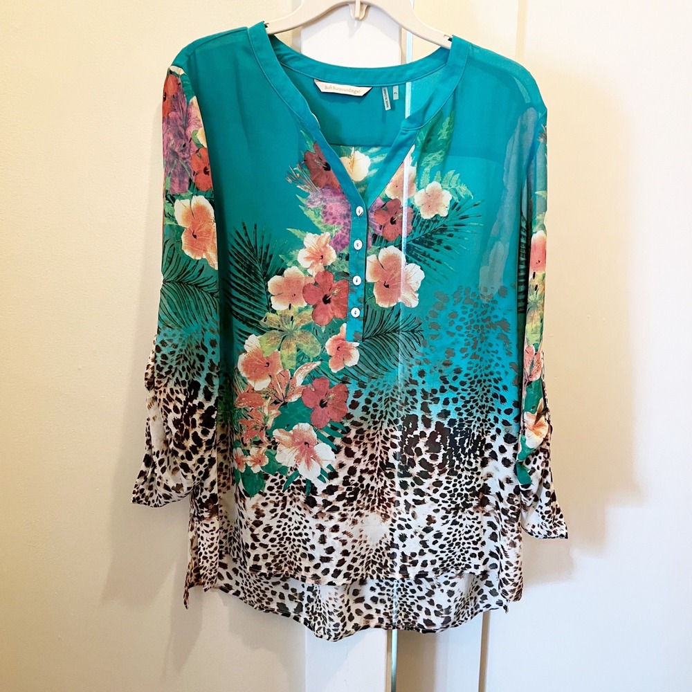 Soft Surroundings Teal Floral & Leopard Print Tunic